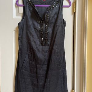 Derhy bought in Paris Black Linen lined dress multi pattern beading pockets Sz M